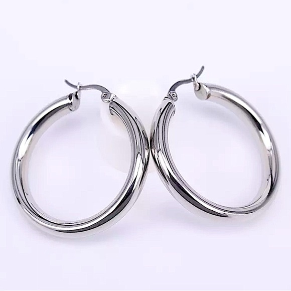 Jewelry - Silver 40mm Stainless Steel Tube Hoop Earrings